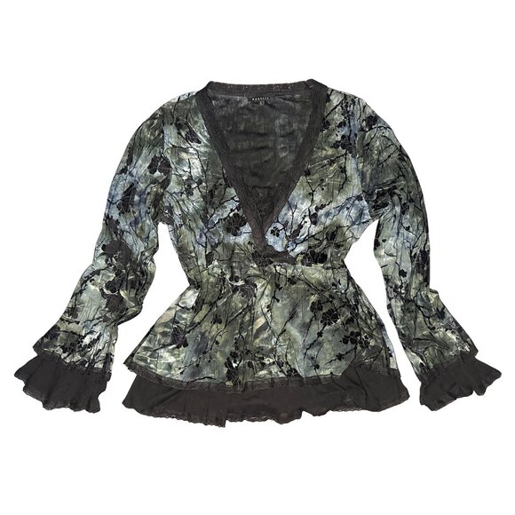 whimsigoth Panitti lace and floral velvet embellished long bell-sleeved blouse - Picture 1 of 6